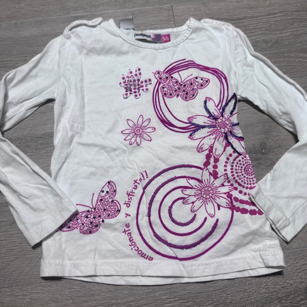 Desigual Kids White Pink Butterfly Floral Long Sleeve Graphic Tee Size 5/6